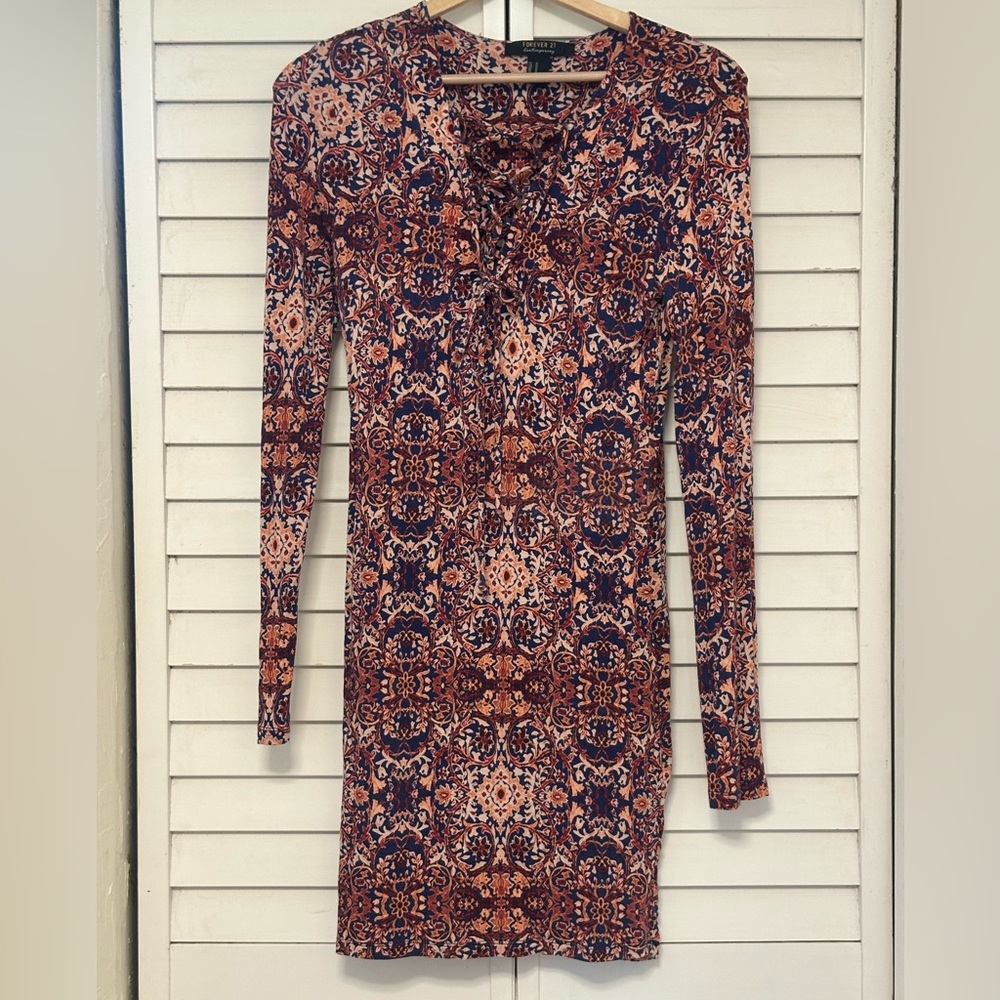 Forever 21 Long-Sleeve Printed Midi Dress - Navy & Rust SZ M